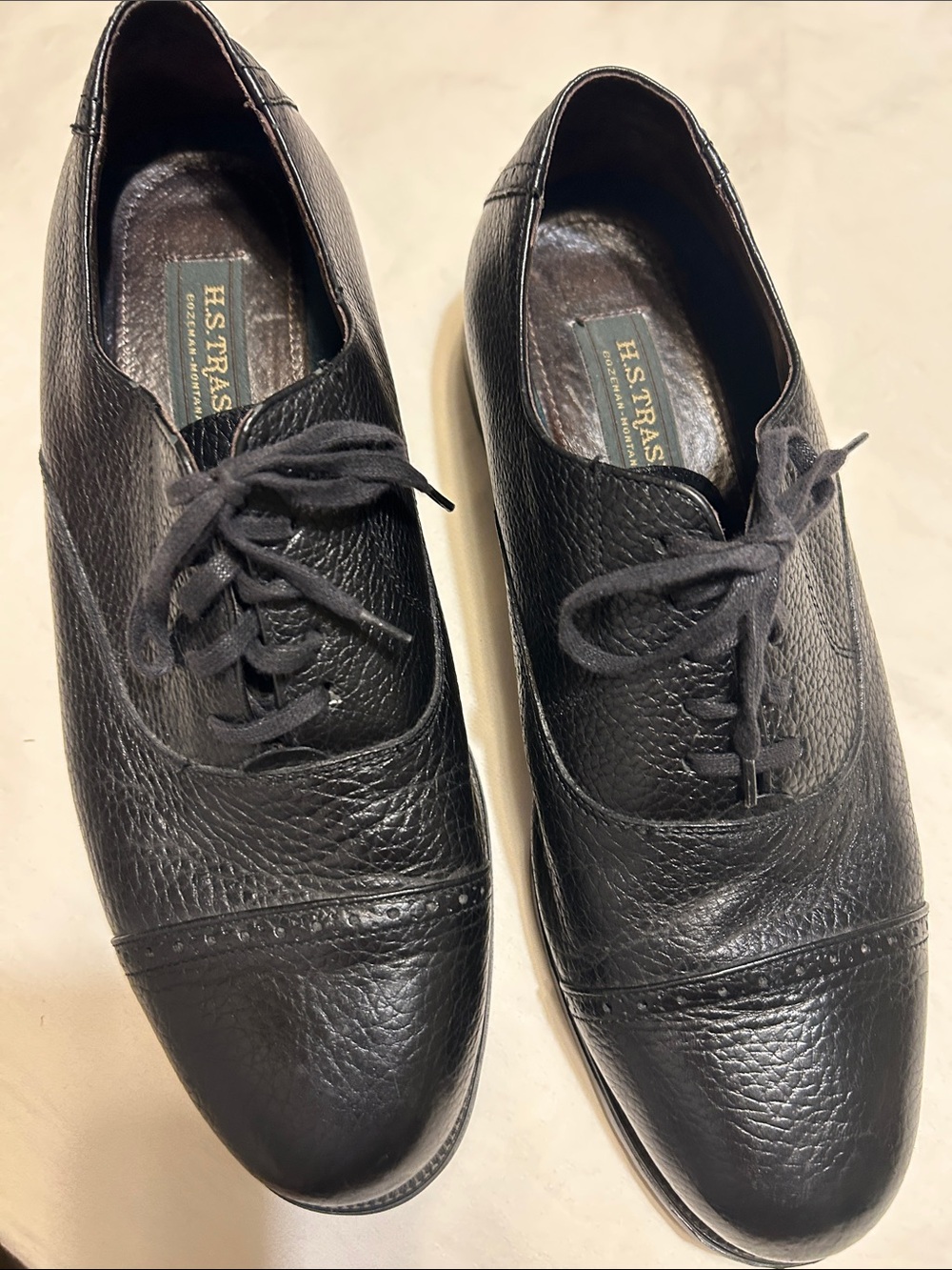 H. Stres Black Pebble-Grain Cap-Toe Derby Shoes